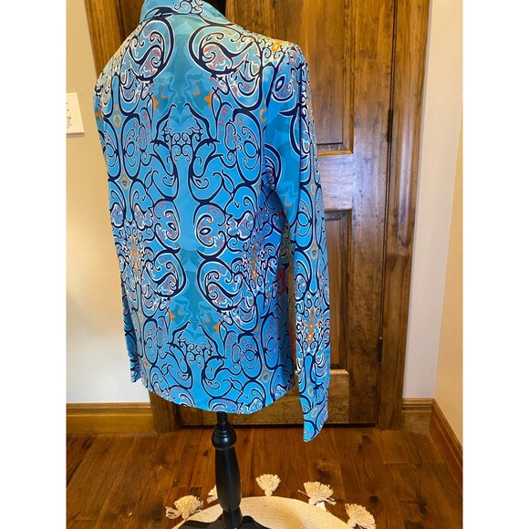 Boho Womens Blouse Size Large Button Down Blue Patterened Top Cuffed Sleeves - Picture 4 of 11